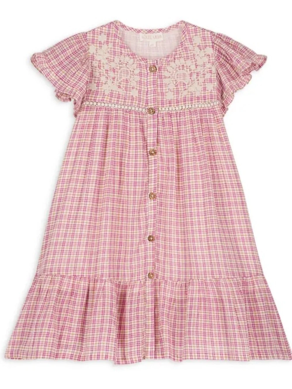 Girls' Pink Plaid Nightgown with Lace Yoke